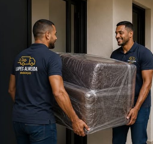 Equipe da Lopes Almeida carregando um sofá embalado